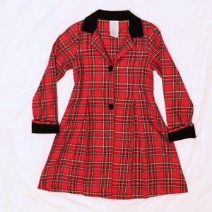 Red Plaid Coat with Black Velvet Detailing